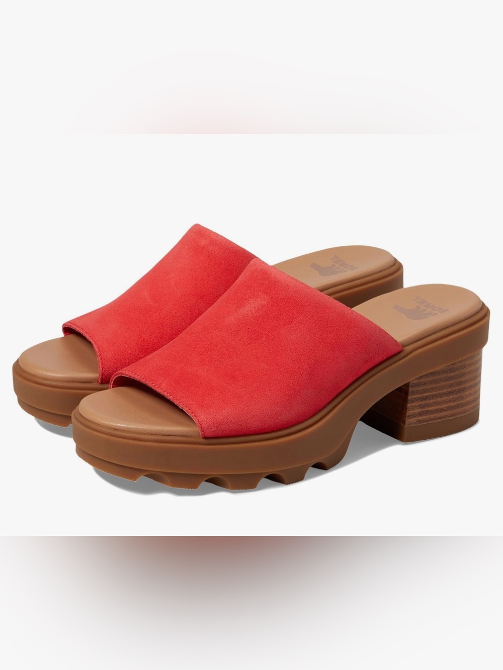Sorel Joanie Heel Slides in a bright "Red Glo" suede with a gum platform heel.